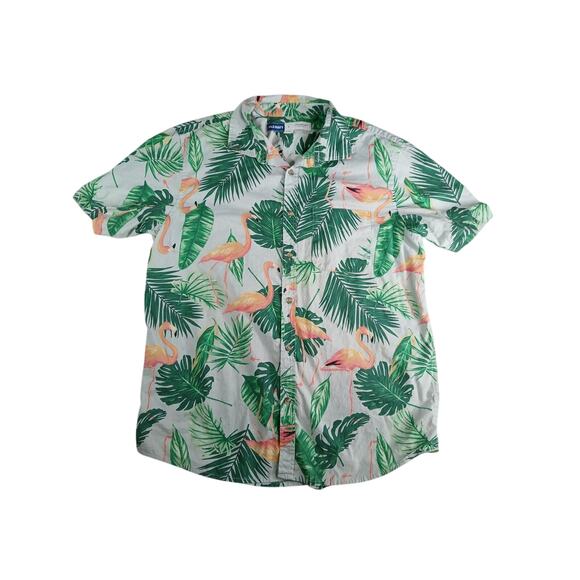 Old Navy Other - Old Navy Shirt Mens Large Flamingo Green Button Up Tropical Palm 100% Cotton